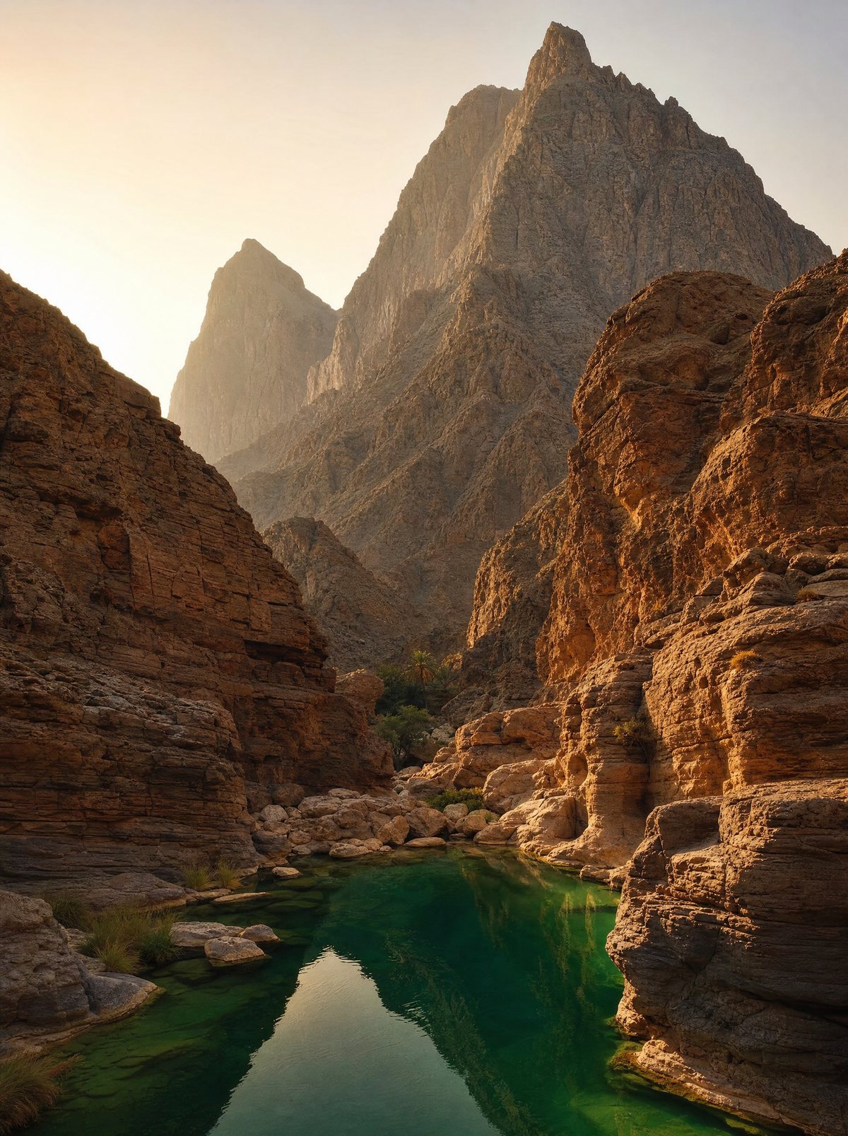 The Omani mountains where Ricky fell, a still pool beneath rugged peaks
